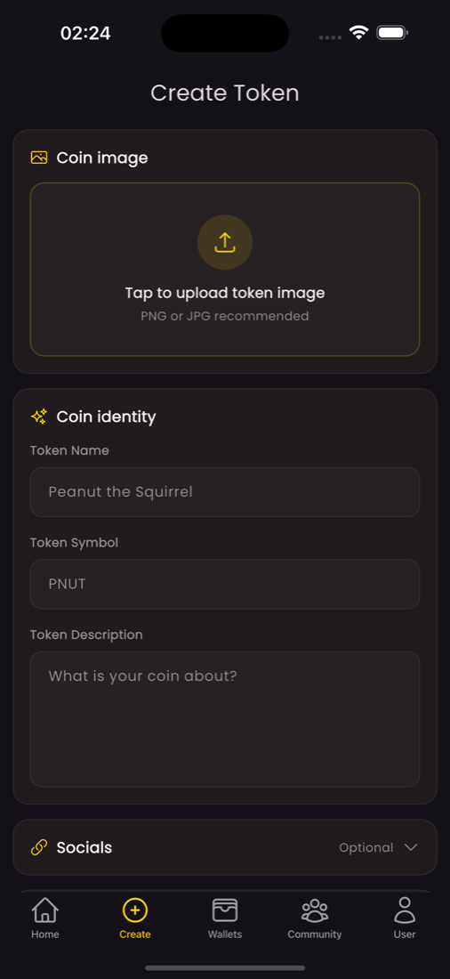 FunPump mobile app create token screen