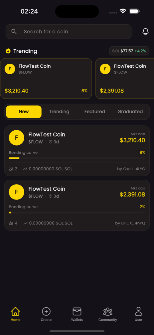 FunPump mobile app home screen with trending coins